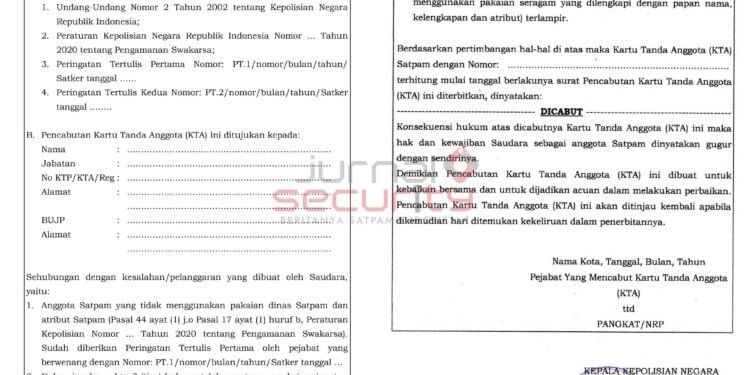 Inilah Format Surat Peringatan dan Pencabutan KTA Satpam