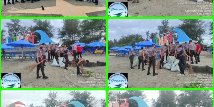 Satpam dan Polresta Bengkulu Giat Bersih-bersih di Pantai Panajang